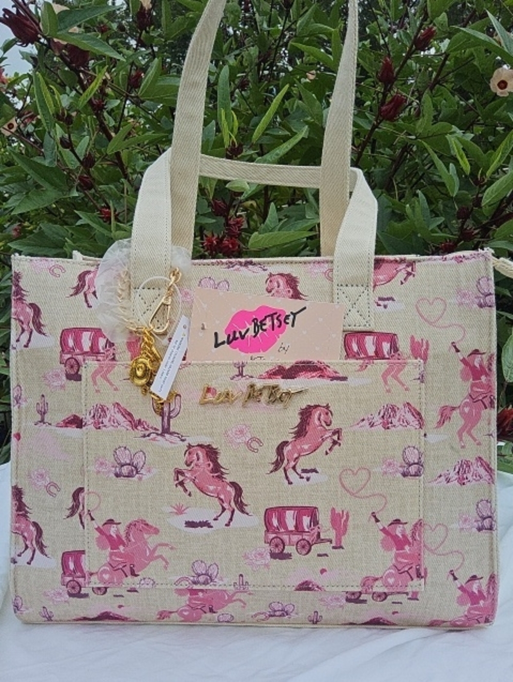 Betsey Johnson Pink Western Canvas Tote with Gold Charm
